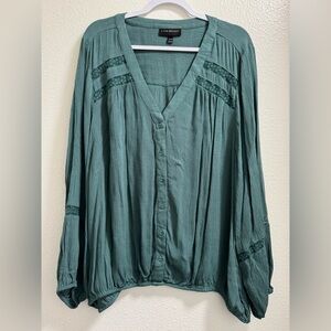 Lane Bryant Peasant Top Blouse Floral Mesh Trim Button Front Womens Plus 26/28